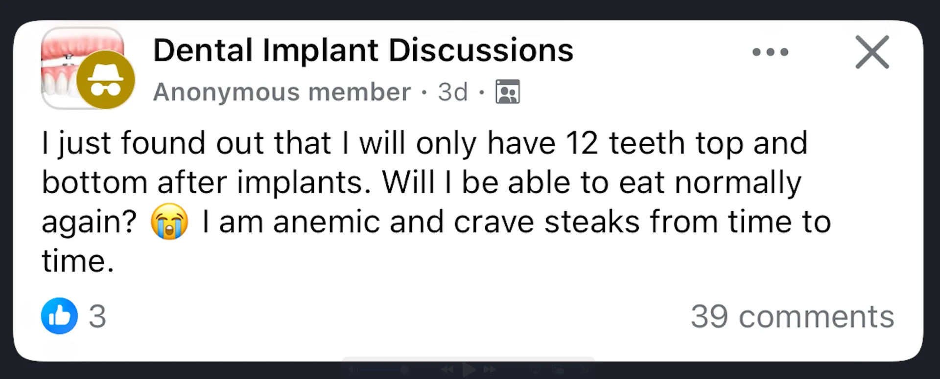 Screenshot of a question asked by a real patient in an online forum for dental implant questions